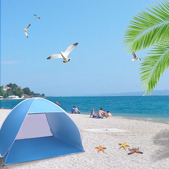 2-3 Person Beach Tent Pop Up Sun Shelter Tent Big Automatic Sun Umbrella 2-3 Person Fishing Beach Shelter Blue