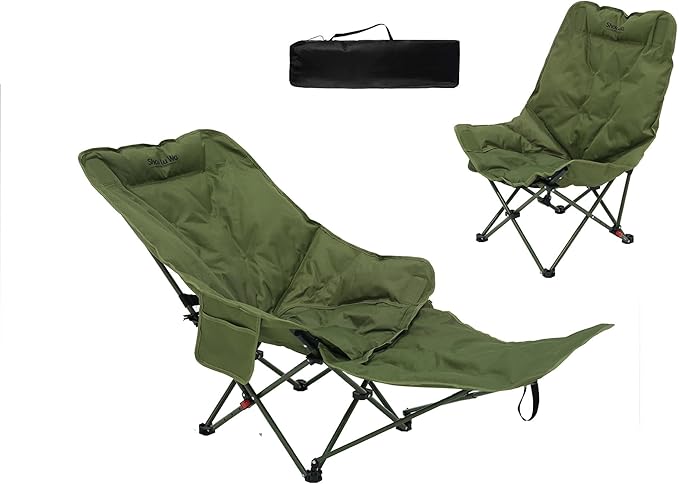 Dual Purpose Folding Camping Cot and Chair with Removable Footrest for Adults Easy-to-Assemble Adjustable Sleeping Chair with Carry Bag for Fishing Hiking Travel Home (Dark Green)