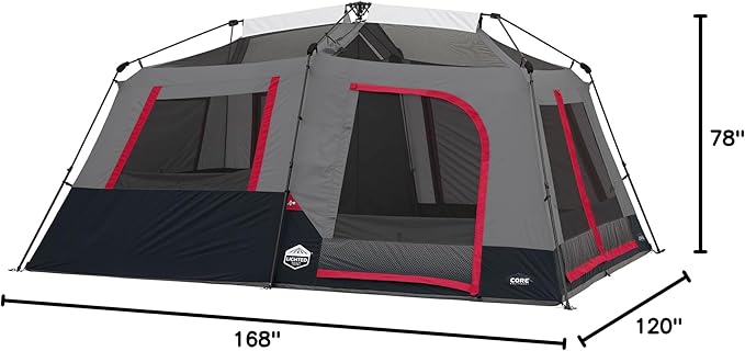 CORE 10 Person Instant Cabin Tent with LED Lights | Lighted Pop Up Camping Tent with Easy 2 Minute Camp Setup | Portable Large Family Cabin Multi Room Tents for Camping