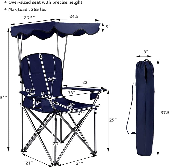 GYMAX Camping Chair Folding Outdoor Lawn Chair with Canopy Carry Bag &amp Cup Holder Portable Heavy Duty Camp Chair for Outside Travel Picnic Beach Soccer Chairs (Blue)