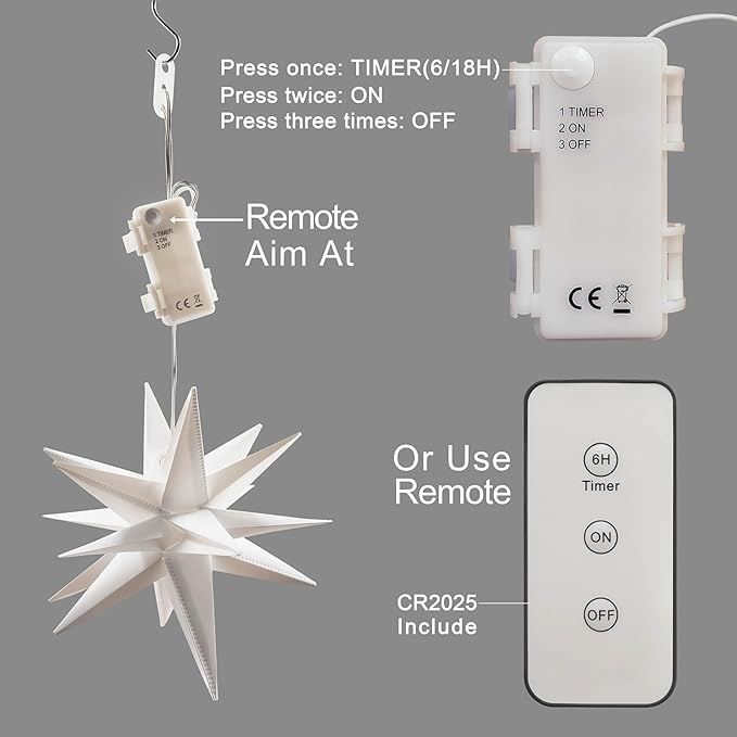 Leejec 9.4 Moravian Star Outdoor Light with Remote Control Christmas Decorations Indoor Hanging Warm White LED Light Battery Operated with Timer Function 4-Pack Tree Ceiling Balcony Décor