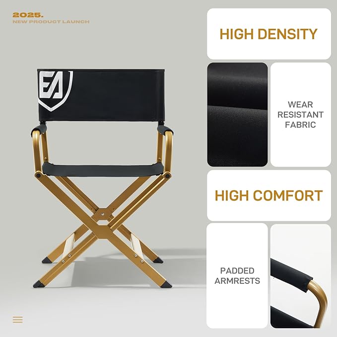 EVER ADVANCED Aluminum Directors Chair Folding Studio Movie Chairs Camping Event Vendor Chair 19 Seat Height Black Fabric/Golden Frame Support 350lbs