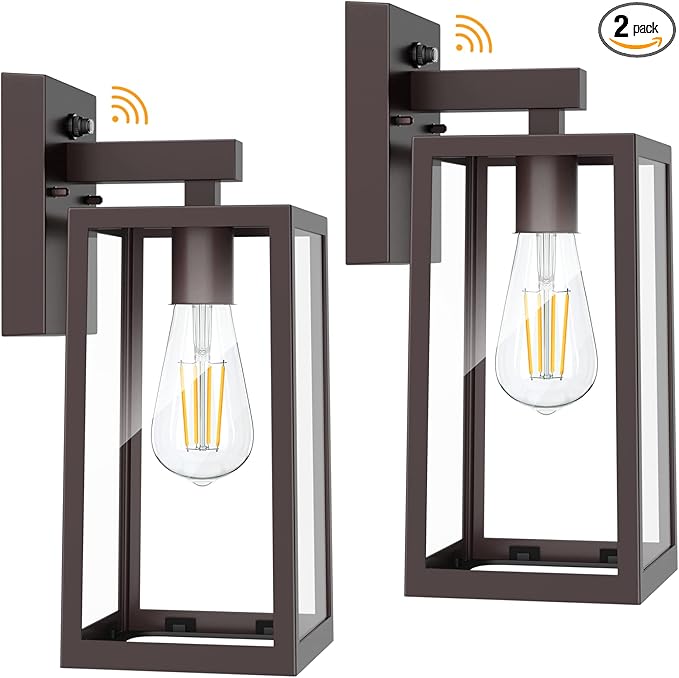 SHINE HAI Dusk to Dawn Outdoor Wall Lantern Exterior Wall Sconce with E26 Base Socket Anti-Rust Waterproof Light Fixture with Glass Shade for Garage Doorway 2 Pack (Dark Chocolate)