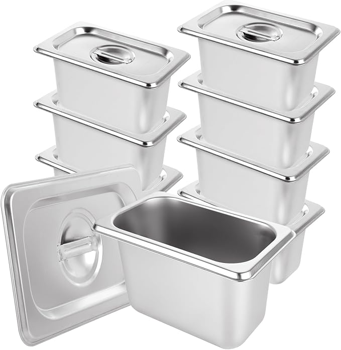 8 Set Stainless Steel Hotel Pans With Lids 1/9 Size x 4 Inch Deep Steam Table Pan Stackable Commercial Anti Jam Metal Steam Tray Catering Food Storage Steel Pan for Home Restaurant Buffet