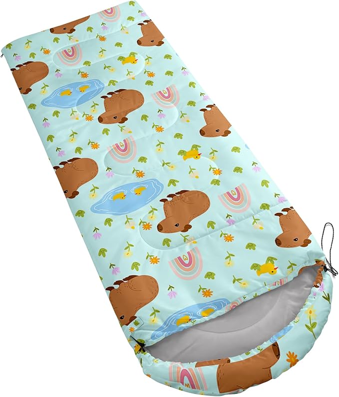 Kawaii Capybara Sleeping BagRainbow Duck Floral Compact Waterproof Camping Bag for Kids Girls BoysCute Cartoon Capibara Warm Backpacking for Traveling Outdoor Hiking Camping Gear Equipment