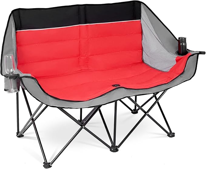 Double Camping Chair Outdoor 2-Seater Oversized 2 Person Portable Folding Lawn Chair with Cup Holders &amp Mesh Storage Pocket for Picnic Camping Beach Sports Hiking