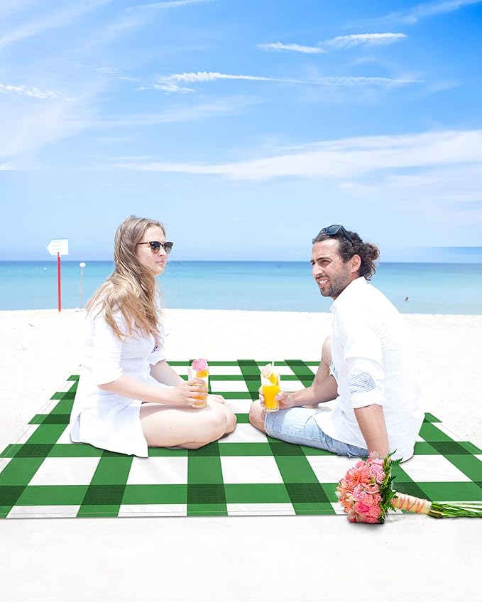 Beach Blanket Waterproof Sandproof OversizedSt Patrick's Day Green Stripe Lattice Beach Mat with Corner Stakes Sand PocketsClassic Buffalo Checker on White Outdoor Picnic Mat for Travel 83x79In
