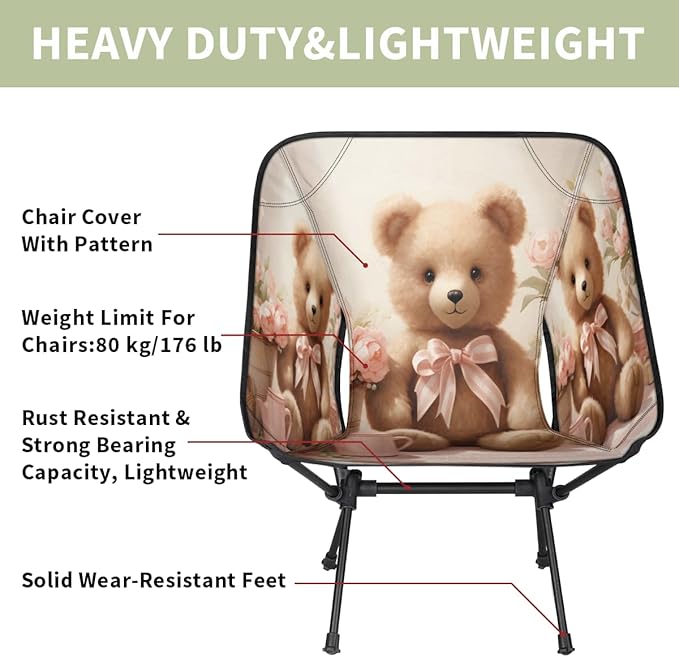 Bear Pattern Camping Chair Lightweight Portable Chairs for Adults Easy Installation Outdoor Foldable Camping Chair for Camping Fishing Hiking Picnic Beach