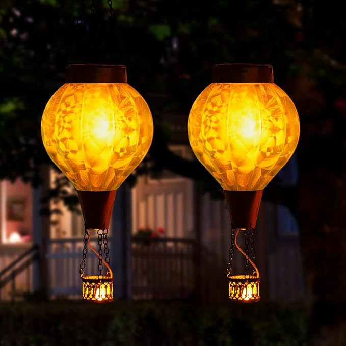 2 Pack Glass Hot Air Balloon Solar Lantern Outdoor Waterproof Hanging Solar Hot Air Balloon Lantern with Flame Solars Lights Decor for Garden Yard Patio Porch(Blue)