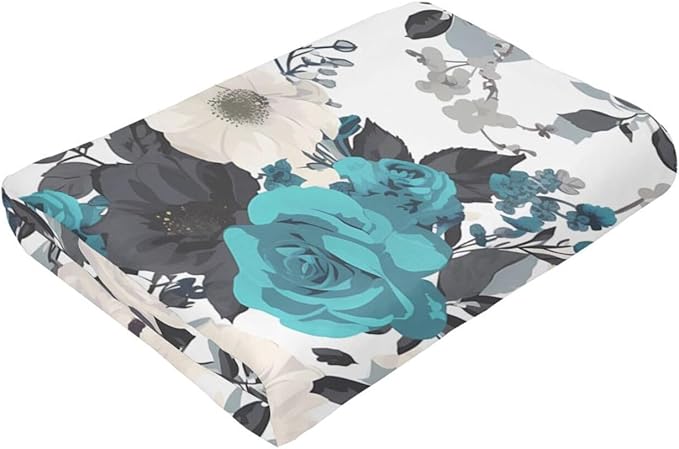 Blankets 60x50 - Lightweight Durable and Compact Anti-Wrinkle Blanket for Bed Sofa Camping Cinema and Travel Black White Teal Gray Rose Flowers Printed