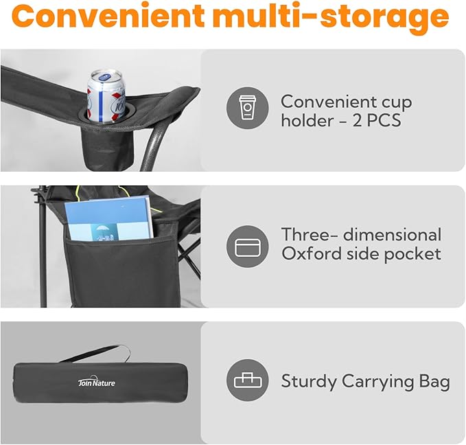 Outdoor Large Camping Chairs for Adults Heavy Duty Camp Chair Support 800lbs King Kong Folding Chairs with Padded and Pocket for Outside Sports Lawn Built Durable and Reliable Black