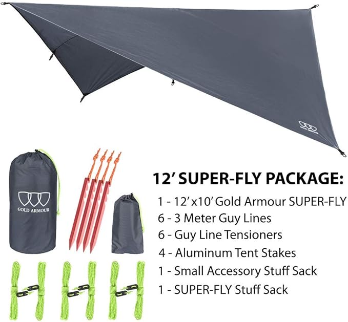 Gold Armour Rainfly Tarp Hammock Premium 14.7ft/12ft/10ft/8ft Rain Fly Cover Waterproof Ultralight Camping Shelter Canopy Survival Equipment Gear Camping Tent Accessories (Gray 12ft x 10ft)
