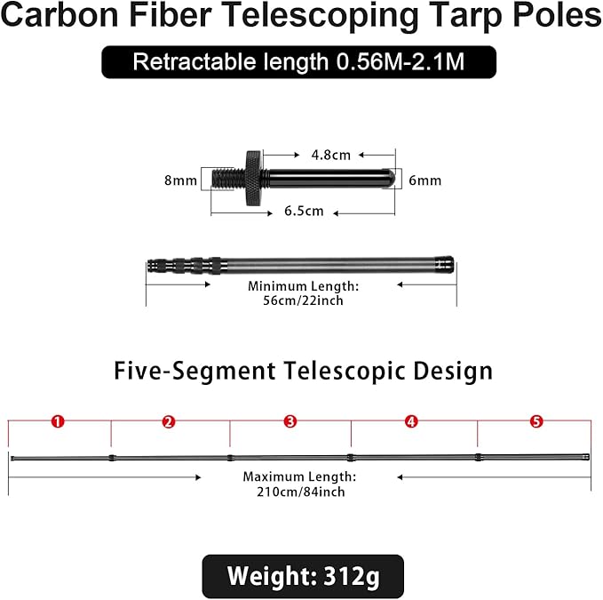 Telescoping Tarp Poles Heavy Duty Adjustable Carbon Fiber Tent Poles Portable &amp Lightweight for Tent Fly Awning Outdoor Camping Hiking 6.9FT