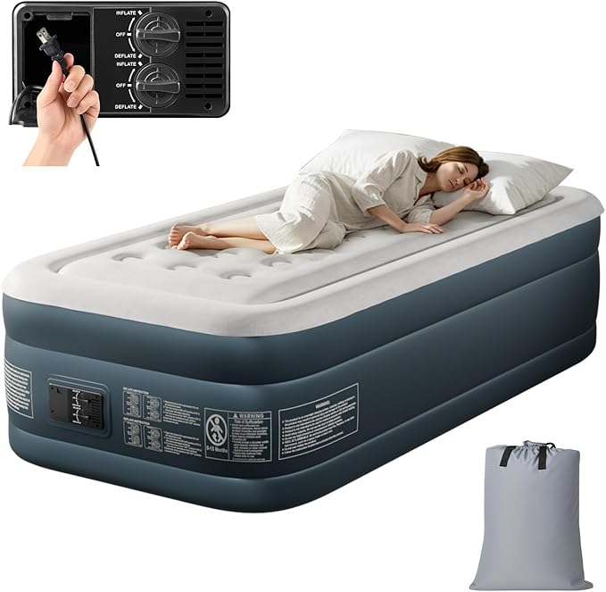Air Mattress with Built in Pump Raised18in H Comfort Blow up MattressDouble Chamber Airbed2min Quick Inflation/Deflation Mattress for Home Guests Camping (FlockingGray &amp White Twin)