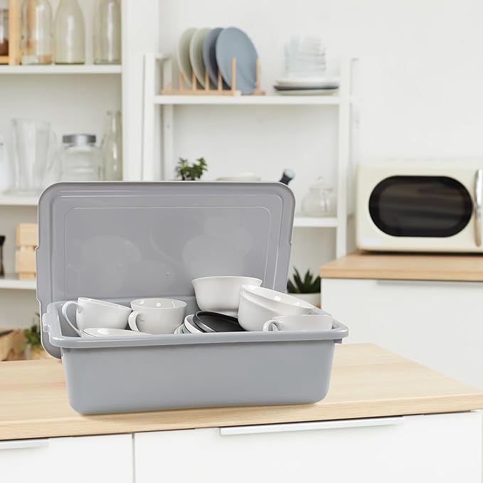 3-Pack 13 L Commercial Bus Tub Box Plastic Restaurant Bus Tubs with Lids Grey