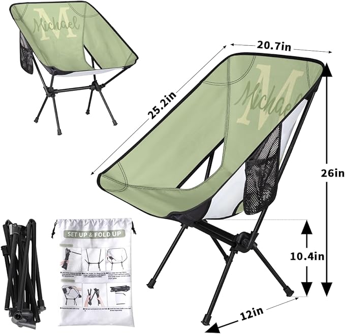 Custom Sage Green Portable Camping Chair Personalized Backpacking Chair with Name Lightweight Foldable Chairs for Hiking Beach