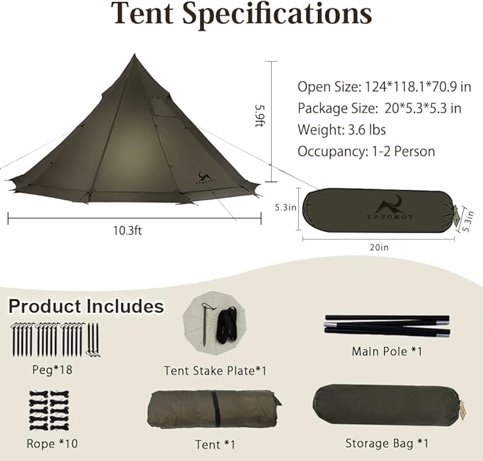 MC TOMOUNT 3.6lb Ultralight Hot Tent with Stove Jack 4 Season 1-2 Person Tipi Backpacking Tent for Camping 20D Ripstop Nylon Windproof Waterproof Winter Teepee Tents for Hiking Survival Hunting