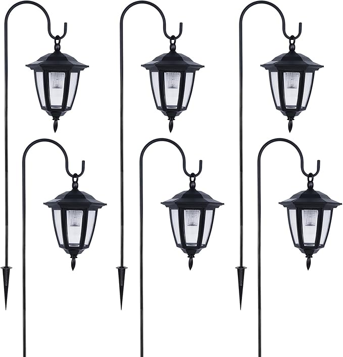 Dynaming 6 Pack Solar Hanging Lights Outdoor Solar Powered Garden Decorative Lanterns with 6 x 38 Inch Shepherd Hooks Waterproof Landscape Lighting for Lawn Patio Yard Pathway Driveway Warm White