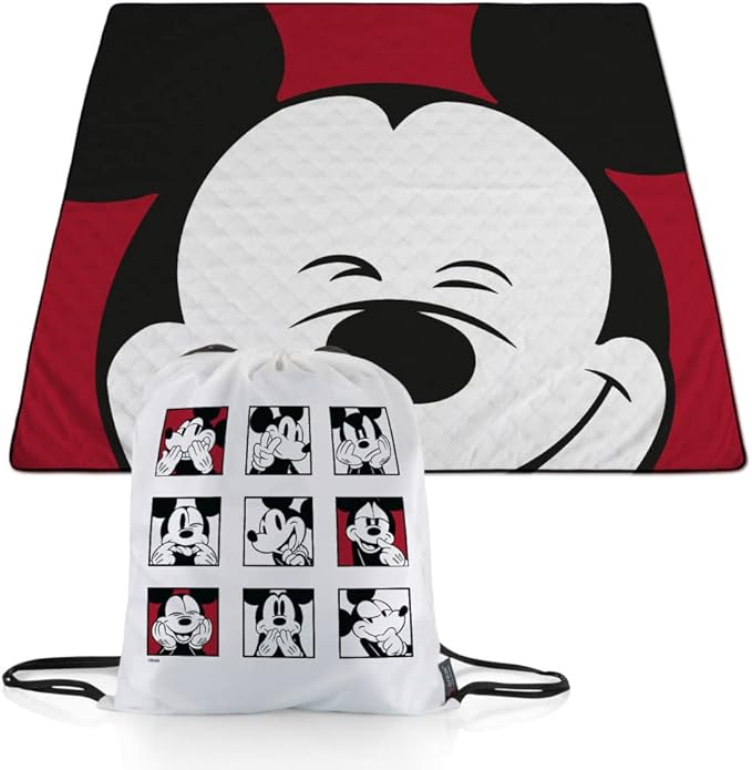 Picnic TIME Disney Mickey Mouse Impresa Picnic Blanket Lightweight Folding Beach Blanket with Carry Backpack Machine Washable Water Resistant Fleece Picnic Mat (Black and White)