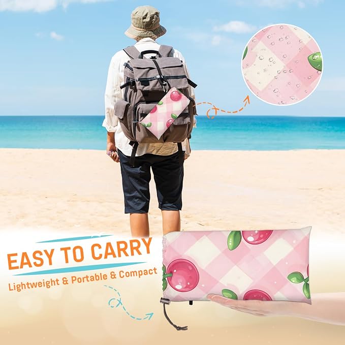 Waterproof Sandproof Beach Blanket 59''×68'' Simulation Cherries Polyester Outdoor Picnic Blanket with 4 Stakes &amp Storage Bag for BeachCampingVacation Pink
