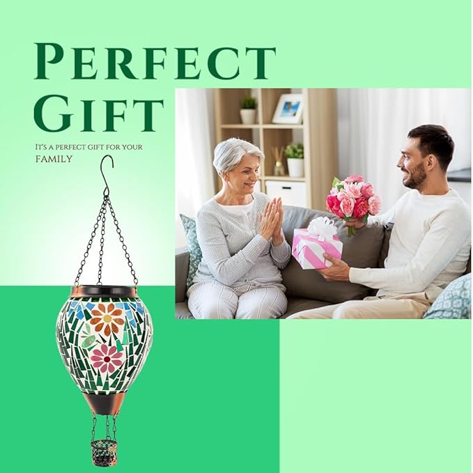 Mosica Hot Air Balloon Solar Lantern Flower Pattern Glass Hanging Solars Lanterns Outdoor Waterproof Decorative Solar Light for Garden Yard Patio Decor