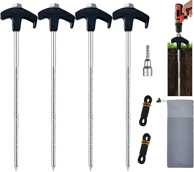8” Screw in Tent StakesDrillable Tent Stakes Heavy DutyCamping Tent Stake Screw with 13ft Rope 13mm Hex Head DriverStorage Bag for OutdoorCampingDog Anchors (16 Black)