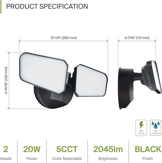 ASD LED Security Flood Lights Outdoor 20W 5CCT 2700K-5000K Rotatable Heads Wired Flood Light 150° Side-to-Side 180° Up and Down IP65 for Wet Locations UL DLC Premium 145000 hr Lifespan Black