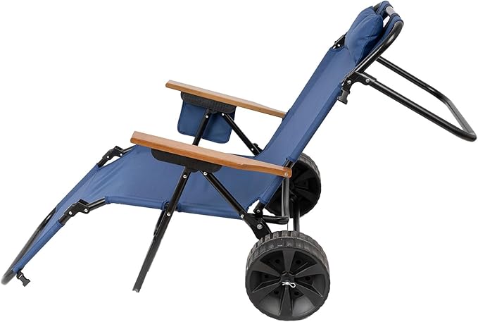 Beach Chair Cart with Wheels 2 in 1 Foldable Beach Lounge Chair Buggy Cart Large Wheels for Pool Backyard Sunbathing Picnic (Dark Blue)