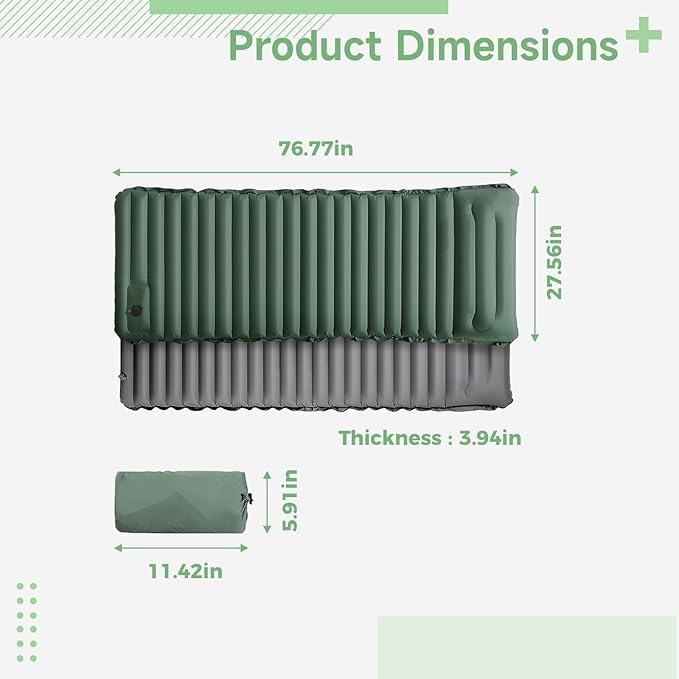 Inflatable TPU Mattress Outdoor Camping Pad Ultra-Light Backpacking Beach Picnic Foldable Quick Inflation Head Support Green with Gray