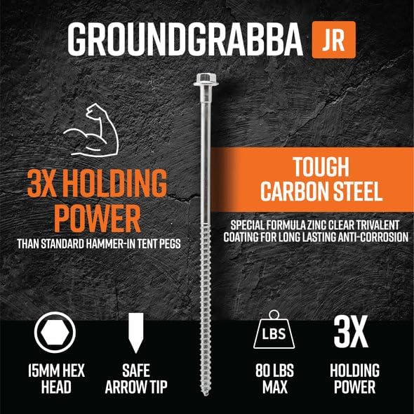 GroundGrabba Junior Stake Kit | Heavy Duty Screw-in Ground Anchors for Tents Outdoor Camping and Backpacking | 4 Stakes The Fang (4) Pigtail (4) 15mm Hex Driver (1)