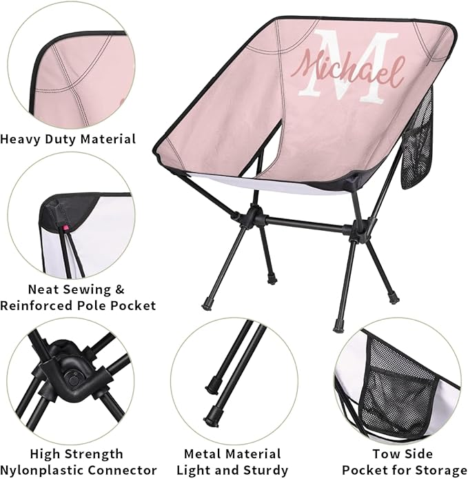 Custom Pink Portable Camping Chair Personalized Backpacking Chair with Name Lightweight Foldable Chairs for Hiking Beach