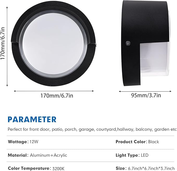 Aiwewin 1 Pack Outdoor Wall Sconces 6 Inch Modern Round LED Exterior Light Fixtures 1200LM 3CCT Selectable (3000K/4000K/6000K) IP65 Waterproof Black Aluminum Porch Lights for Garage House Garden