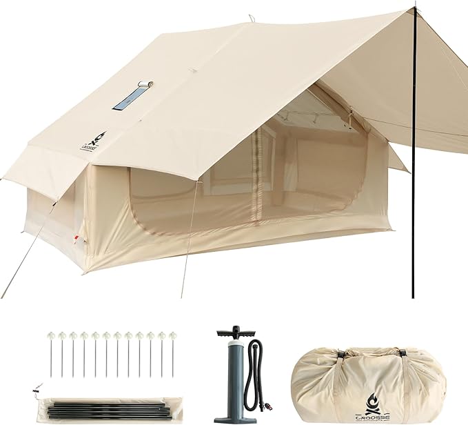 4 Person Inflatable Tent with Stove Jack &amp Canopy 4 Season Glamping Air Tent with Panoramic Skylight AC &amp Power Port Waterproof Blow Up Tent House for Camping Easy Setup