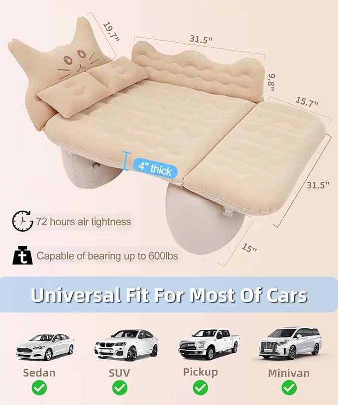 Inflatable Car Air Mattress Bed - SUV Truck Air Mattress Back Seat Camping Bed Thickened Universal Vehicle Sleeping Pad for Travel with Air Pump 2 Pillows (Beige)