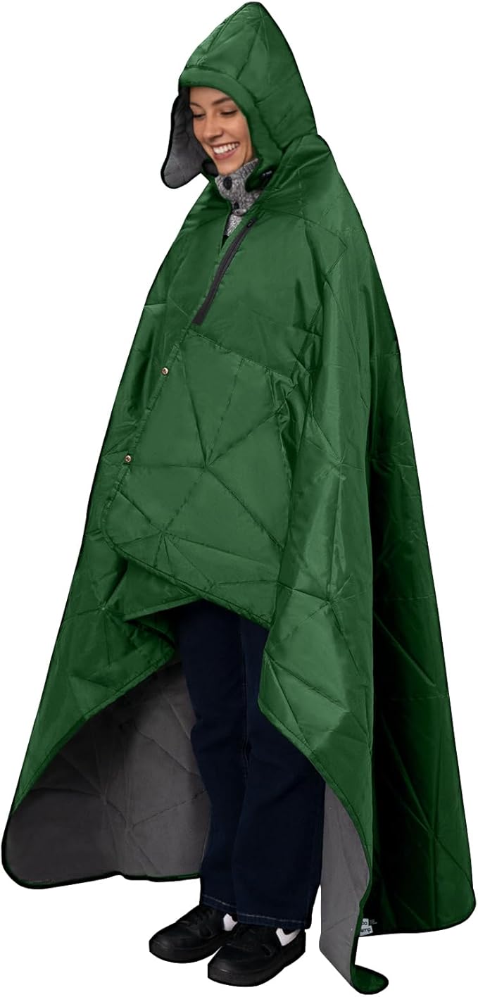 Large Outdoor Waterproof Blanket Extra Thick Fleece Stadium Blanket for Camping Car Pet Picnics - Windproof Wearable Machine Washable 80 x 58 (GreenHooded)