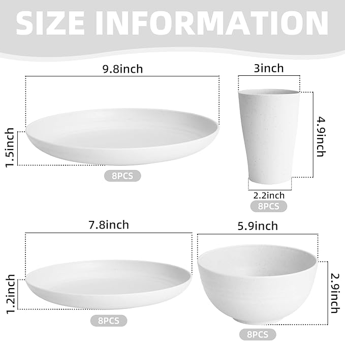 White Plate Set Dishes Set for 8 includes Dinner PlatesPasta BowlsSoup Bowls and Drinking CupsUnbreakable White Dining Dishware Sets Microwave Dishwasher Safe For Kitchen Dorm Office Outdoor32PCS