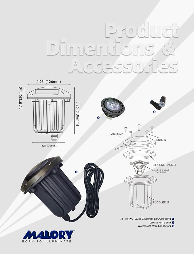 MALORY Brass Top Cover Landscape Well Lights(5‘’H) 12V Low Voltage Outdoor In Ground Lights5W Landscape Lighting for Pathway Driveway and Garden (One-Direction Turret 10-Pack with Bulb)