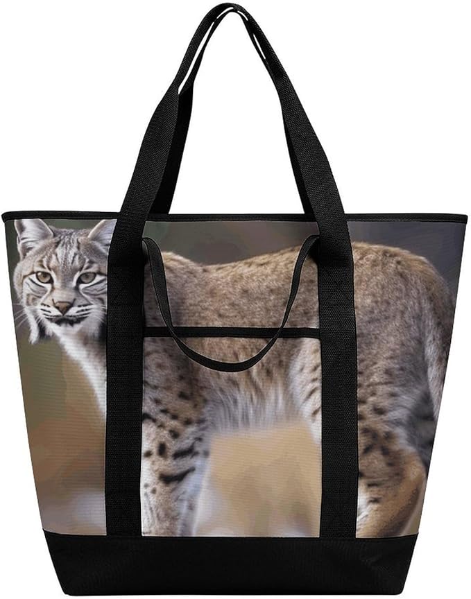 Insulated Shopping BagLarge Reusable Cooler Bags Wild Bobcat Printed Foldable Shopping BagTravel Waterproof Shoulder Bag