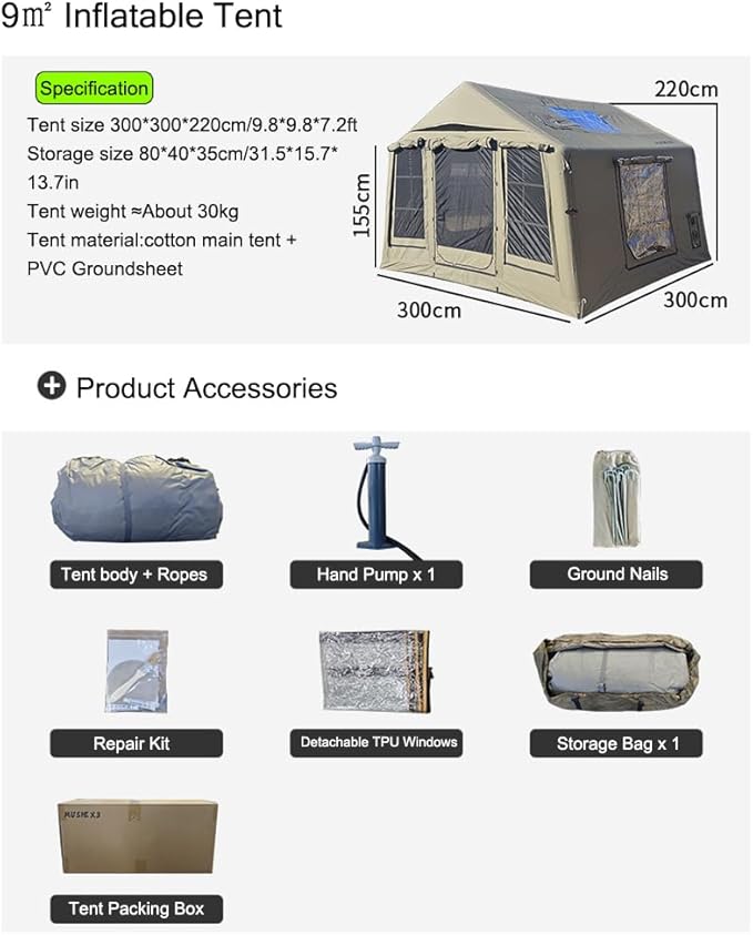 Cotton Canvas flatable Tent with Detachable TPU Windows and Pump2/3/4 Person Pop-Up Tent with Stove Jack Hole &amp Cable Hole