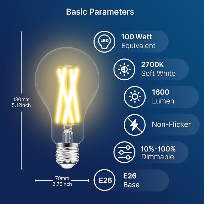 FLSNT 100W Equivalent LED Edison Bulbs 12W Dimmable A21 LED Light Bulbs 1600LM 2700K Soft White CRI90 E26 Base 8 Pack