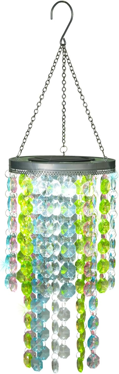 Hanging Solar Crystal Chandelier Outdoor 21” Modern Solar Multicolor Acrylic Beaded Lantern with Cool White LED S Hooks for Garden Yard Patio Gazebo Outside Decor
