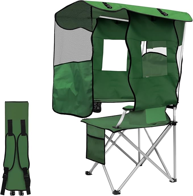 Beach Chair with Canopy Shade Folding Camping Chair Support to 330LBS Outdoor Chair with Cup Holder &amp Cooler Bag for Travel Hiking