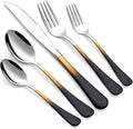 20-Piece Black Gold Silverware Set 18/0 Stainless Steel Silverware Set Black Gold Handle Cutlery Set Service for 4 Dinner Knives Forks Spoons Set Flatware Set Finish Dishwasher Safe
