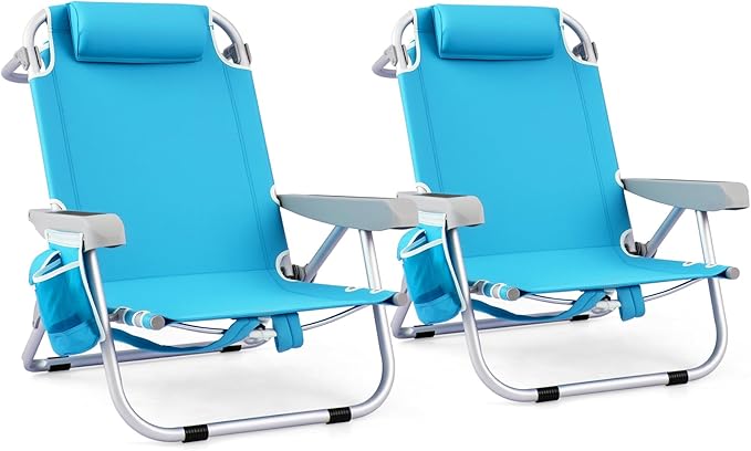 GYMAX Beach Chair 330lbs Backpack Lounger with 5-Position Backrest Storage Bag Side Pocket Towel Bar &amp Headrest Foldable Low Beach Lounge Portable Aluminum Lay Out Camp Chair (2 Light Blue)