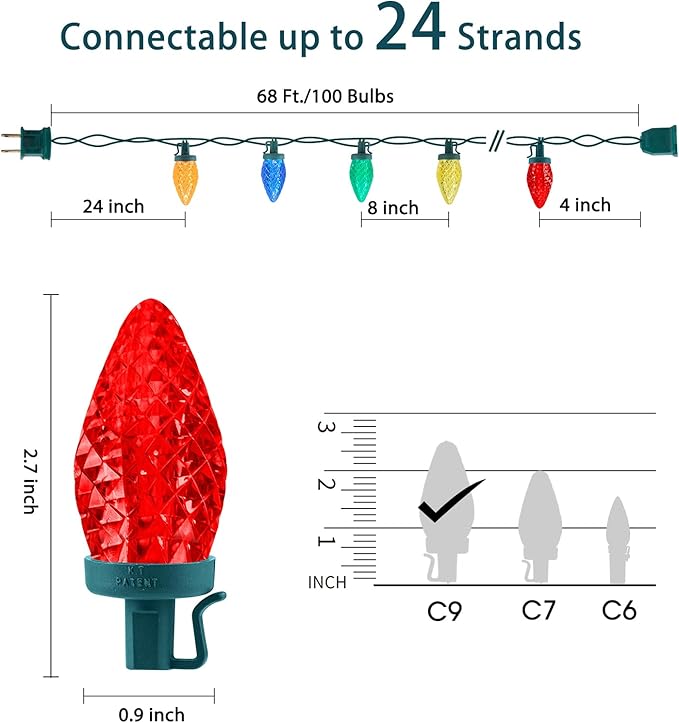 C9 LED Christmas Lights Outdoor 68 Ft 100 LED C9 String Lights with 100 All in One Clips Connectable Waterproof Christmas Tree Lights for Outside Roofline Backyard Garden Decor Multicolor 2 Pack