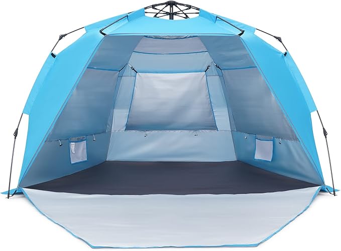 Pop Up Beach Tent Portable Beach Folding Sun Shade Shelter UPF 50+ Protection Easy Setup and Carry Double Silver Coating with 3 Ventilation Window Large Size Perfect for Family 4 People