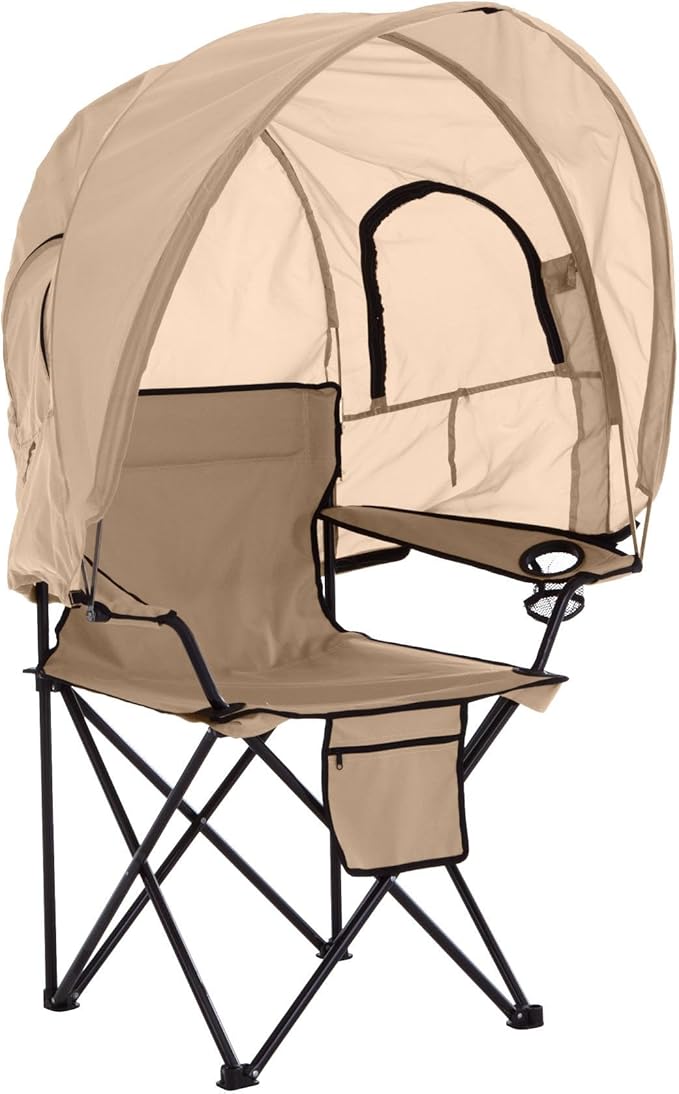 BrylaneHome Outdoor Oversized Canopy Tent Camp Chair Shade Folding Cupholder Zip Windows Storage Carrying Case Beach Yard Trip- Weight Capacity 350LB - Taupe