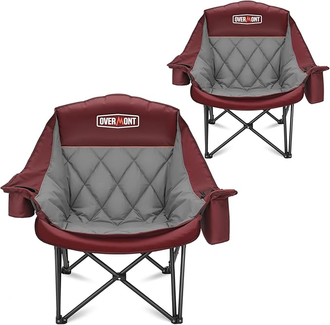 Overmont Oversized XL Camping Chair for Adults - 400lbs Support Heavy-Duty Padded Folding Chair with Side Pocket Cup Holder Cooling Bag for Outdoor Sports Garden Beach Fishing Lawn Red 2pcs3