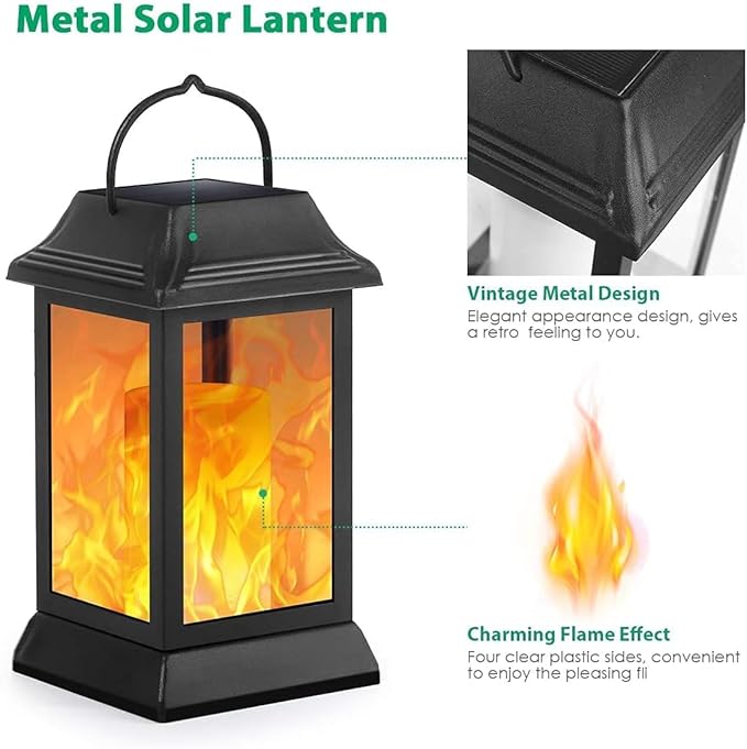 TomCare Solar Lights Metal Flickering Flame Solar Lantern Outdoor Hanging Lanterns Decorative Lighting Heavy Duty Solar Powered Waterproof Umbrella Lighting for Garden Yard Patio Deck 4 Pack（Black）
