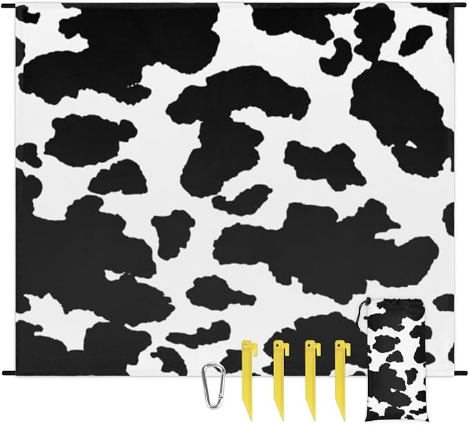 Cow Print Lightweight Beach Blanket Waterproof Sandproof 59X68 Sand Free Beach Mat with 4 Stakes Compact Outdoor Blanket for Beach Quick Drying Picnic Mat for Travel Camping